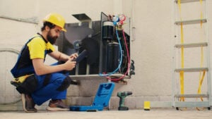 HVAC company technician working on an AC unit.
